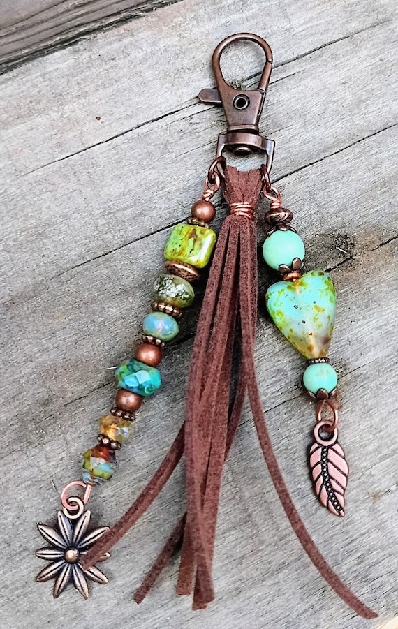 Czech Glass Beaded Keychain zipper pull, Copper Charm's