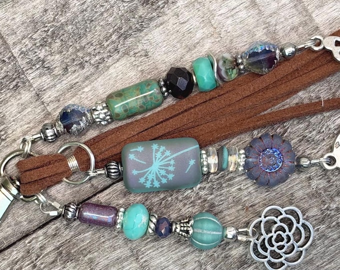 Dandelion Beaded Keychain- Purse Charm’s- Turquoise & Purple Czech Glass - Faux Leather