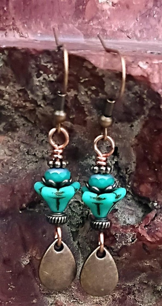 Copper Teardrop, Czech Bellflower, hypoallergenic ear wires, Dangle Earrings, Turquoise color.