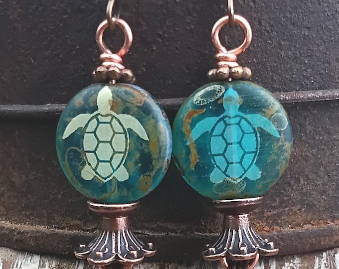 Sea Turtle Aqua/Teal Blue Chandelier Dangle Earrings, Nature Boho Earrings