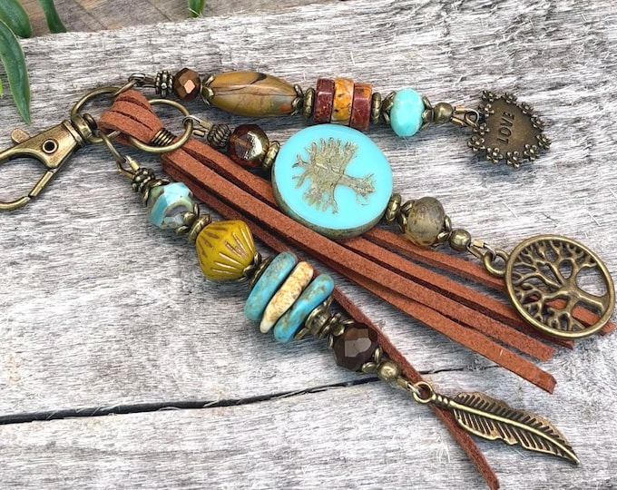 Gemstone & Czech Glass Tree of Life Earthy Bohemian Beaded Keychain- Bag Charm’s