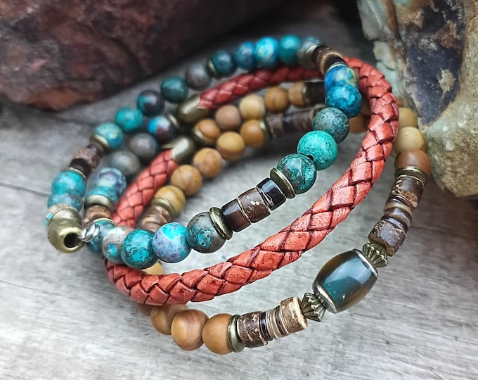 Men's Woodgrain Jasper & Mood Bead Memory Wire Wrap Bracelet with Leather