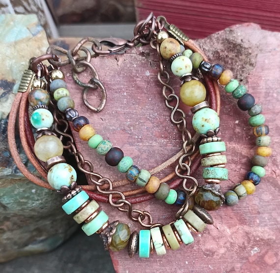 Multi Strand Turquoise Leather Copper Beaded Bracelet, Boho Earthy Style