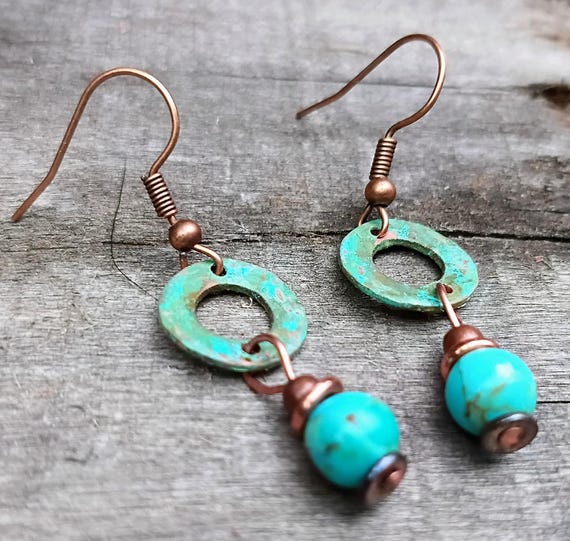 Patina Copper Ring and Turquoise Dangle Earrings, hypoallergenic ear wires, Minimalist