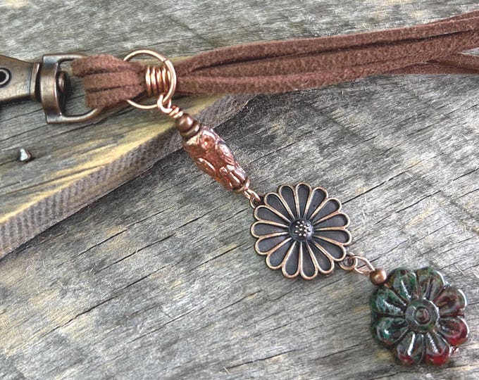 Earthy Minimalist Owl & Flower Beaded Keychain - Bag Charm's - purse tassel