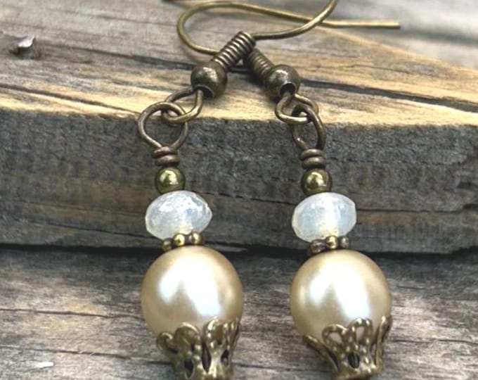 Filligree & Satin Taupe Czech Glass Pearl Dangle Earrings
