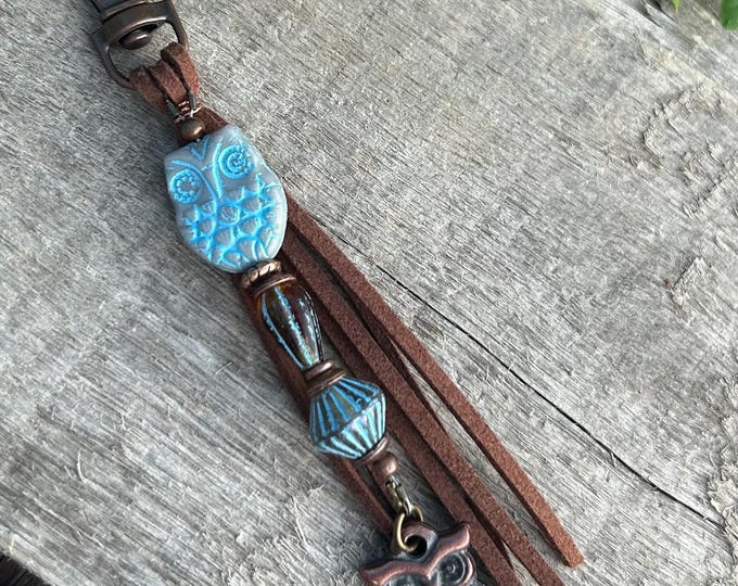 Minimalist Beaded Keychain - Czech Glass- Owl Charm - Bag Charm’s, Handbag Accessory