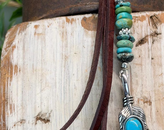 Rustic Feather  Pendant , Turquoise & Leather Bohemian Keychain Tassel- Purse Charm’s