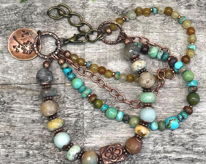 Earthy Amazonite, Jade & Mixed Kingman Turquoise Multi Strand Boho Bracelet - Adjustable