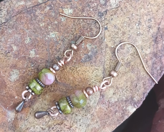 Pink Lichen Czech Glass & Tiny Copper Teardrop Dangle Earrings, Hypoallergenic ear wires