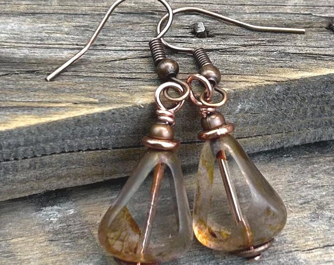 Clearly Luster-Light Amber Czech Glass- Chunky Dangle Earrings