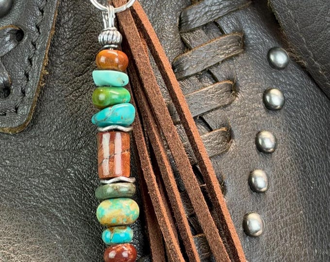 Turquoise, Jasper & Feather Boho Beaded Keychain Purse Tassel