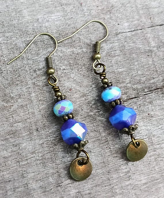 Faceted Czech Glass Dangle Earrings, Purple AB Mystic Sky, Bronze Coin, Hypoallergenic Wires