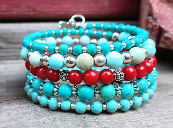 Multi Strand Memory Wire Wrap Beaded Bracelet, Turquoise Color, Red and silver