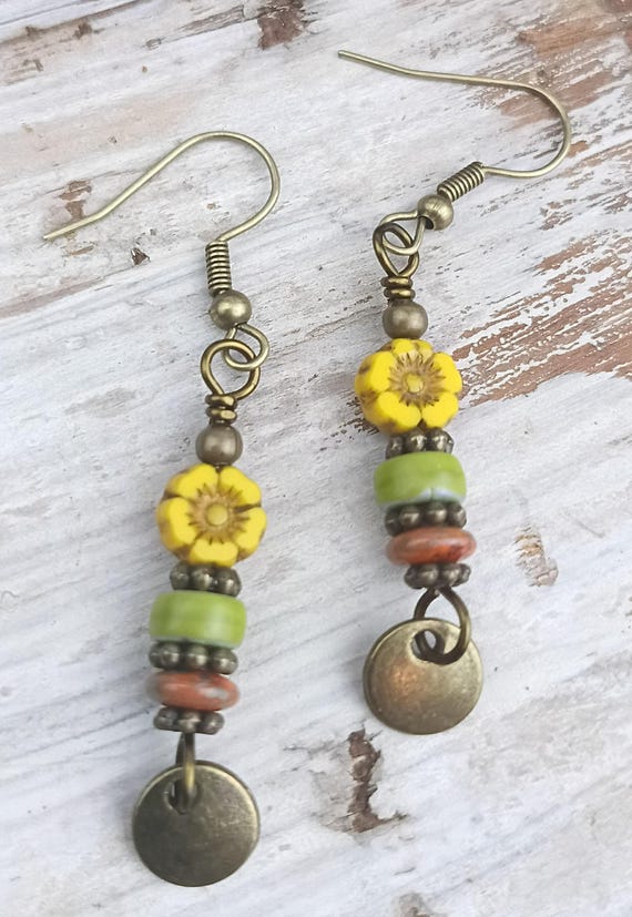 Colorful Bohemian Czech Glass Dangle Earrings, Bronze Coin Dangle, hypoallergenic ear wires.