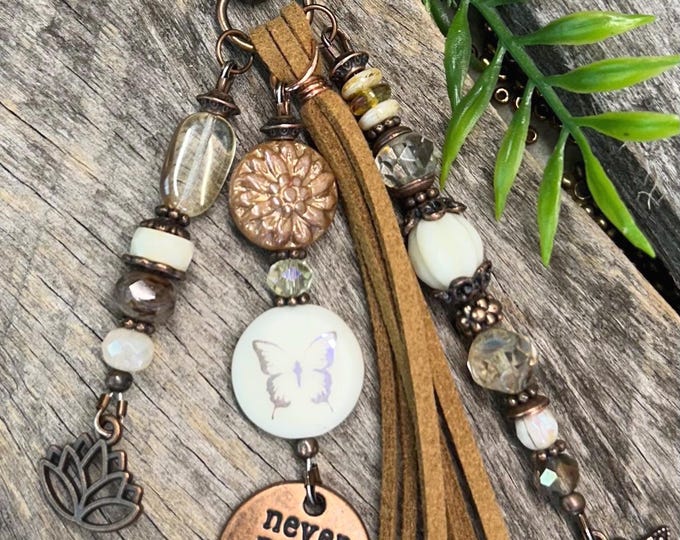 Ivory & Copper Butterflies - Never Never Give UP Beaded Bag Charms - Purse Tassel