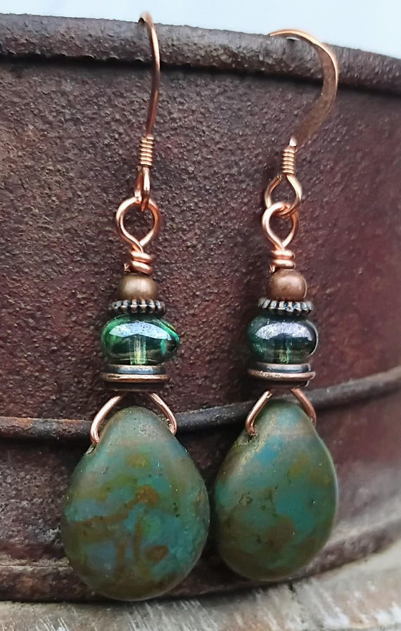 Matte Milky Peridot and Bronze Picasso Teardrop Czech glass Earrings with Copper ear wires