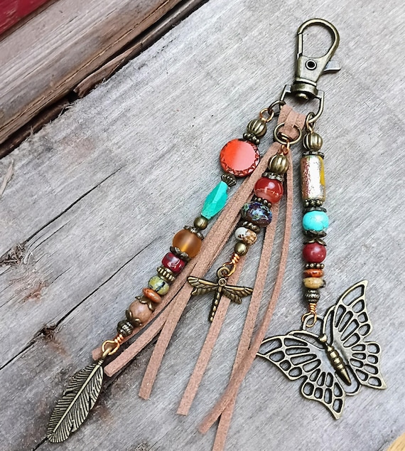 Antique Bronze Keychain zipper pull, Charms with Mixed beads and Czech glass.