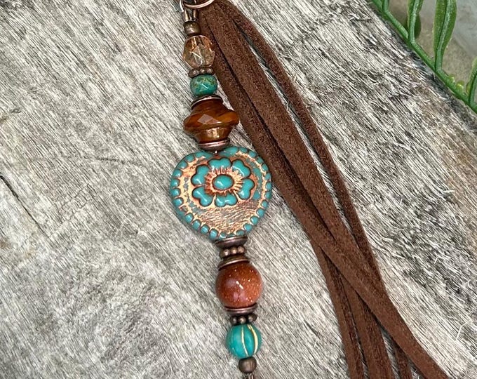 Czech Glass & Copper Heart Minimalist Beaded  Bag Charm's - Purse Tassel