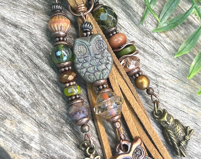 Earthy Owl Beaded Keychain, Czech Glass- Bag Charm’s- Handbag Accessory, Bronze & Copper Charm's