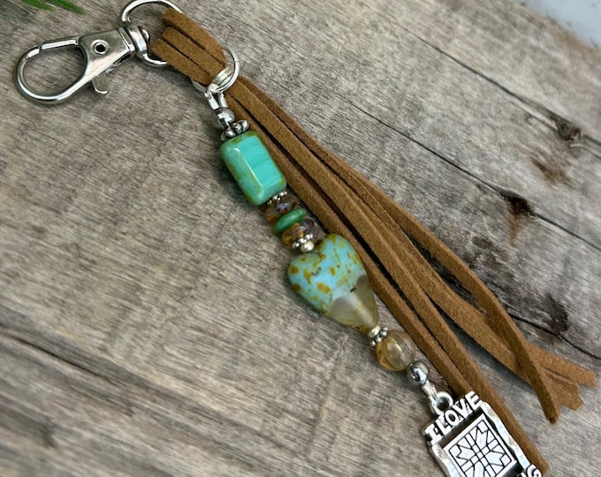 I Love Quilting & Czech Glass Beaded Keychain- Bag Charm’s- Handbag Accessory- Minimalist