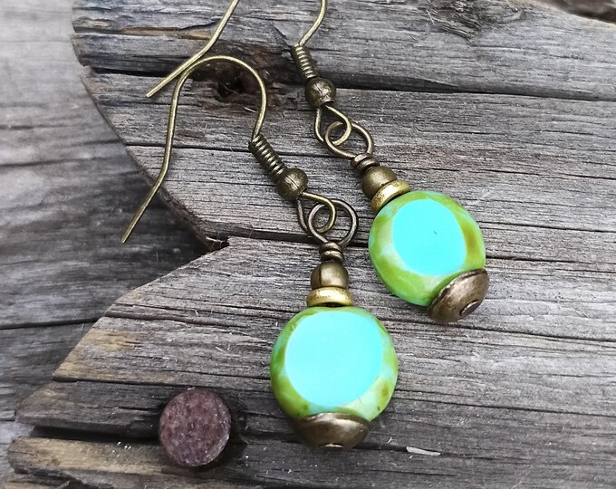 Czech Turquoise Coin Petite Minimalist Dangle Earrings, Picasso Finish