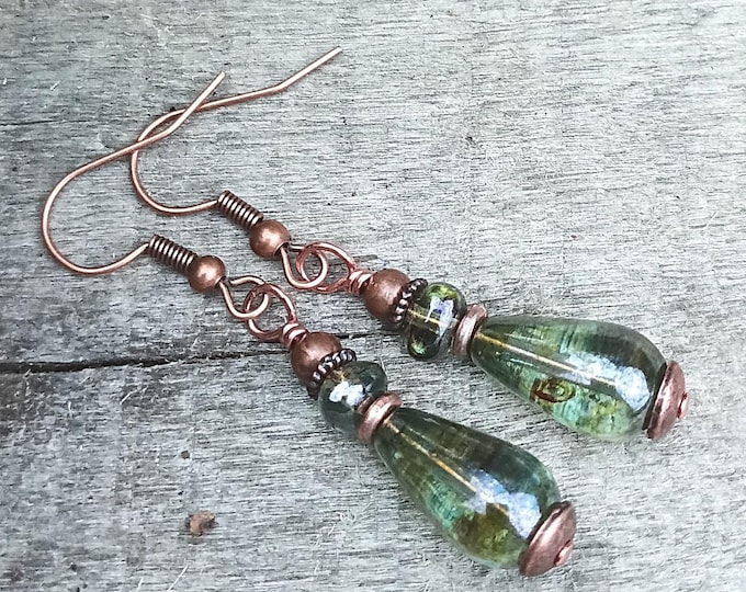 Pine Green Earthy Czech Glass Teardrop Dangle Earrings- Chose Ear Wire
