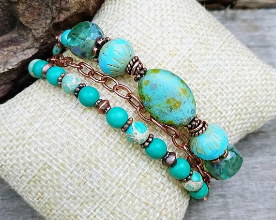 Jasper, Czech glass with Copper Chain beaded Bracelet, Adjustable