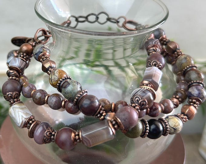 Purple Terra Jasper & Botswana Multi Strand Boho Adjustable Bracelet