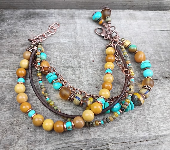 Mookaite and Turquoise with Czech Glass Multi Strand Bracelet, Copper, Adjustable Bracelet