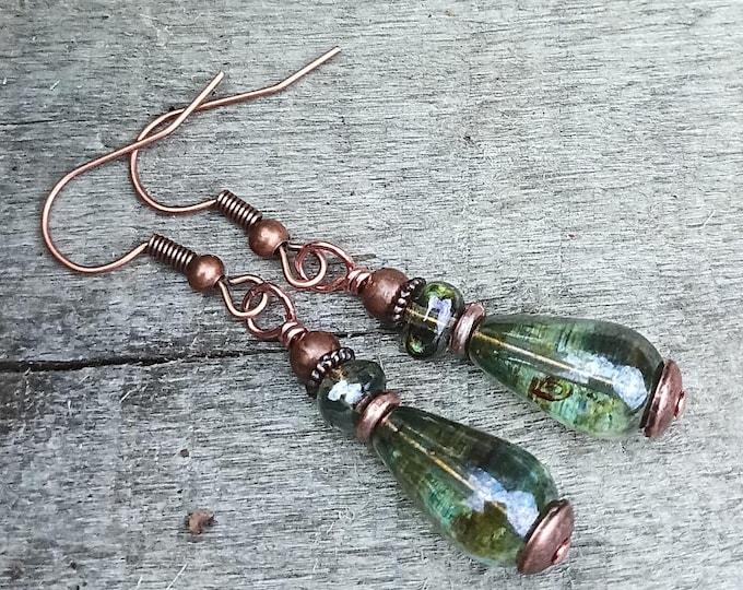Earthy Pine Green Czech Glass Teardrop, Copper Accents Dangle Earrings- Chose Ear Wire- Hypoallergenic