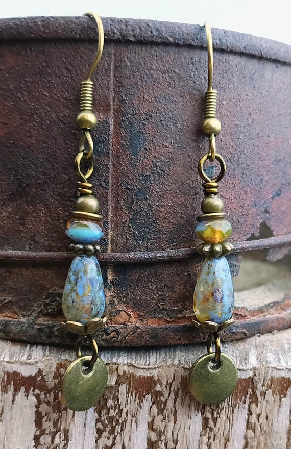 Bronze Blue Brown Picasso Czech Glass Earrings, Bronze Dangle Drop, Hypoallergenic ear wires
