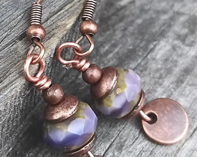 French Lavender Czech Glass & Coin Small Boho Dangle Earrings, Choice of  Ear Wire