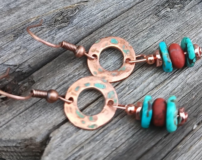 Turquoise, Matte Red Jasper & Copper Rings Dangle Earrings - Choice Of Hypoallergenic Ear Wire