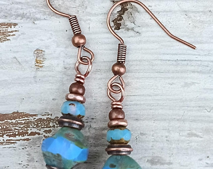 Sky Blue & Copper Dangle Earrings, Hypoallergenic