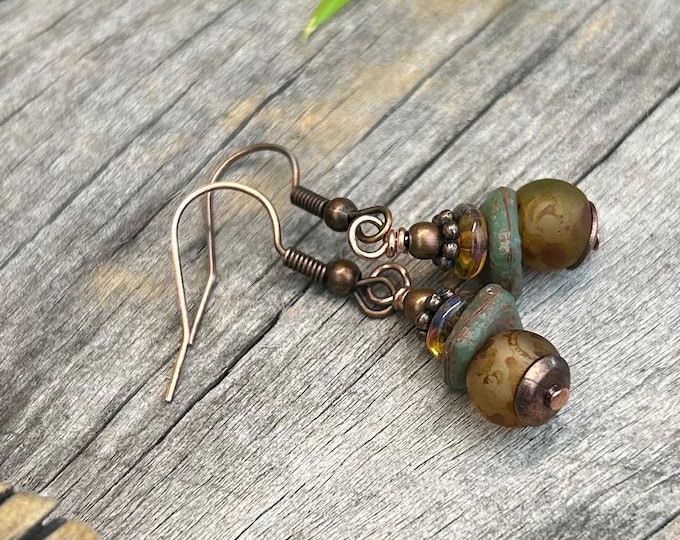 Aged Picasso - Earthy Bohemian Petite - Small Stacked Bead, Dangle Earrings, Hypoallergenic ear wires