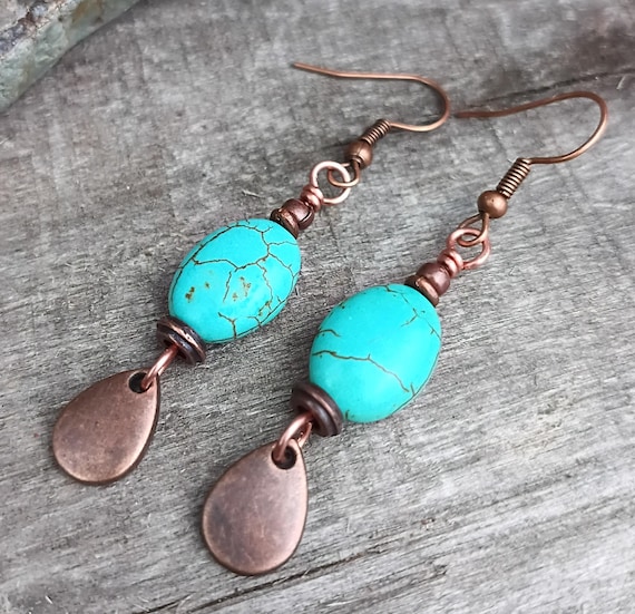 Turquoise Oval & Copper Dangle Earrings