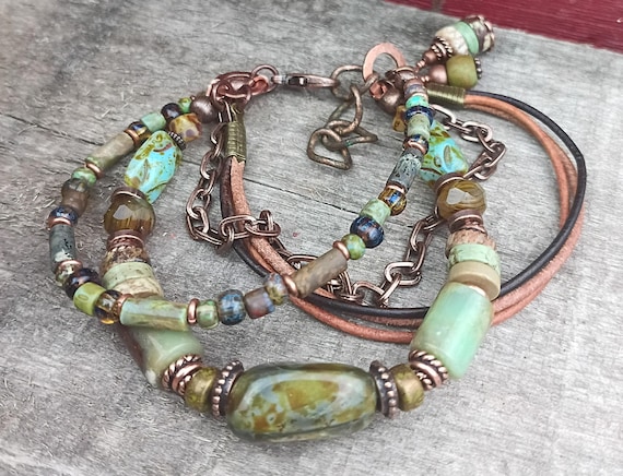Multi Strand Boho Bracelet, Turquoise, Czech Glass, Copper Chain, Leather Strands