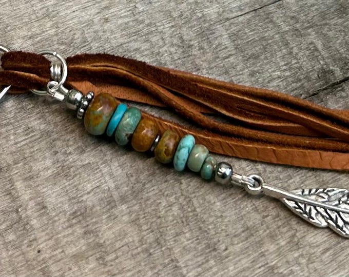 Genuine Turquoise, Leather & Silver Leaf Beaded Keychain- Bag Charm’s- Handbag Accessory