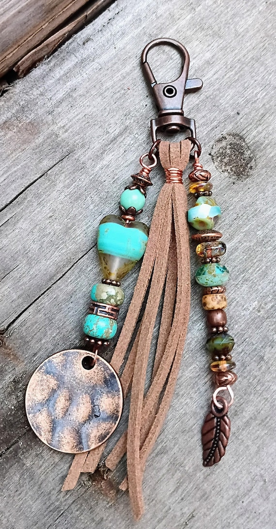 Keychain Tassel, Zipper Pull, Czech glass beads, Copper with Charms