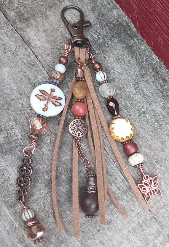 Dragonfly and Copper Beaded Keychain Zipper Pull, Faux Leather. Boho and Earthy