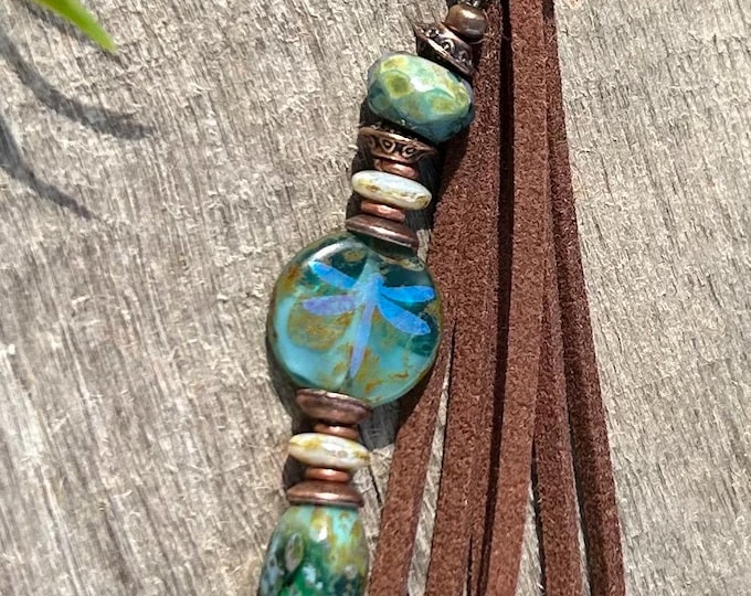 Earthy Bohemian Dragonfly Beaded Keychain, Czech Glass Bag Charm’s - Handbag Accessory, Minimalist