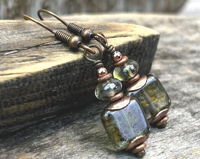 Small Earthy Pine Green Czech Glass Square Dangle Earrings- Chose Ear Wire