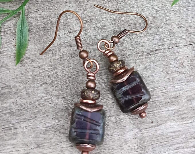 Amethyst Grooves - Czech Glass Square Small Dangle Earrings, Translucent, Copper Accents- Hypoallergenic