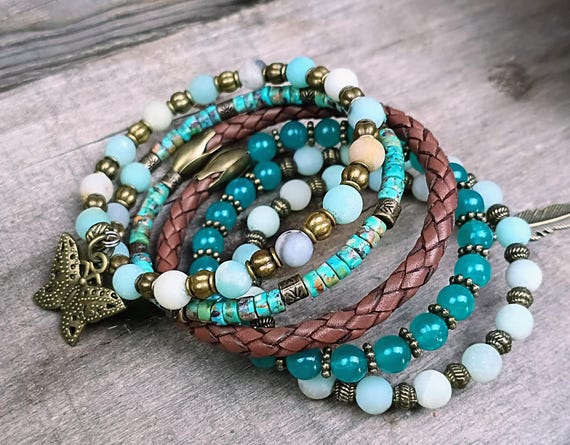 Multi Strand, Memory Wire Wrap Beaded Bracelet, Bohemian 5 Wrap, Amazonite, Lake Blue, Heishi Turquoise, Braided Leather