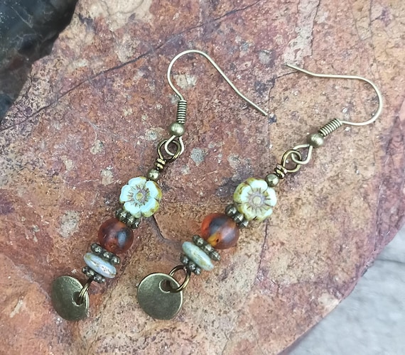 Baltic Amber, Czech Glass Flower with Bronze Charm Dangle, Hypoallergenic ear wires.