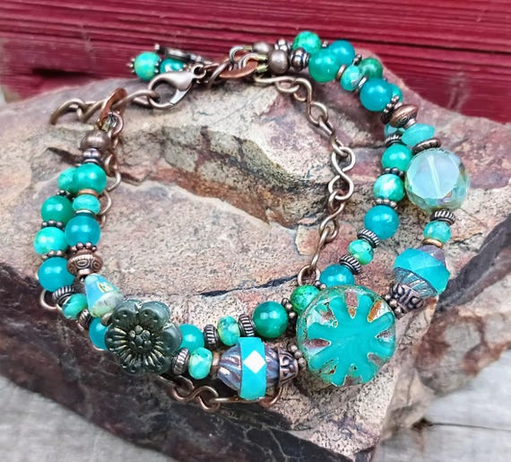 Multi Strand Czech Glass and Copper Beaded Adjustable Bracelet, Aqua, Lake Blue