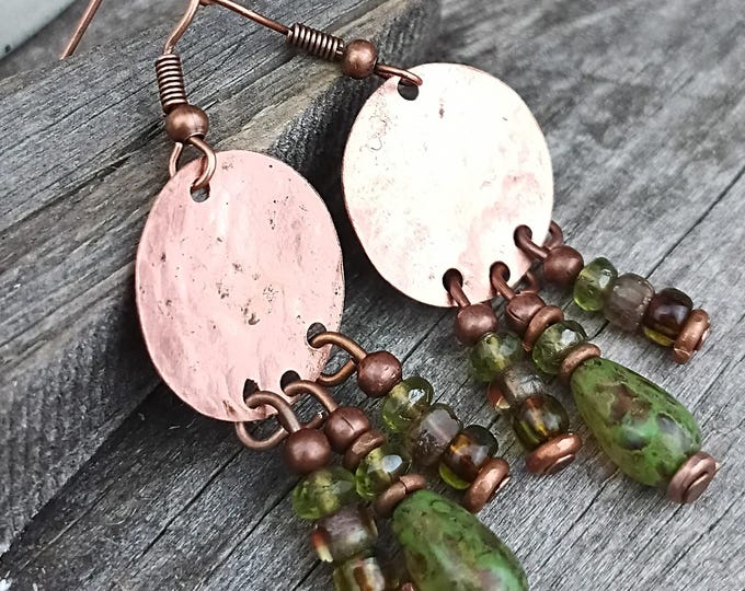 Hammered Copper Coin Czech Glass Chandelier Dangle Earrings, Earthy Olive Green's, Chose Ear wire-Hypoallergenic