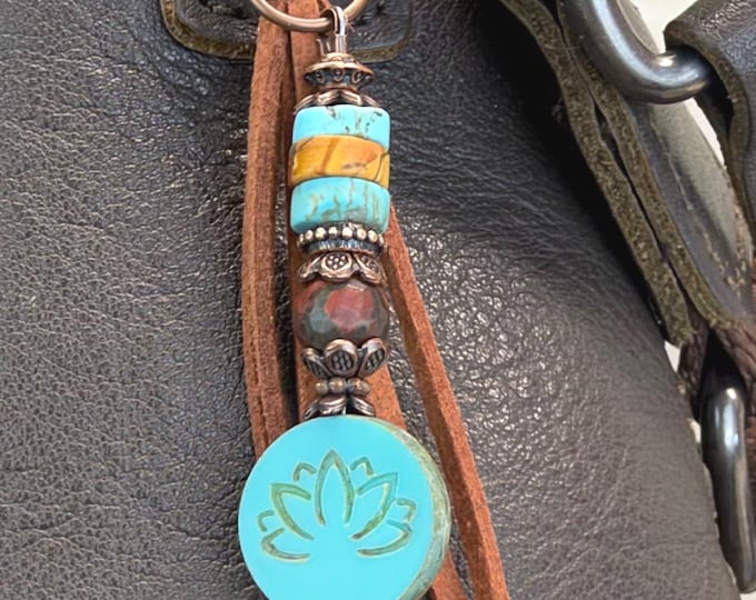 Lotus Flowers & Gemstone Beaded Bag Charm - Purse Tassel
