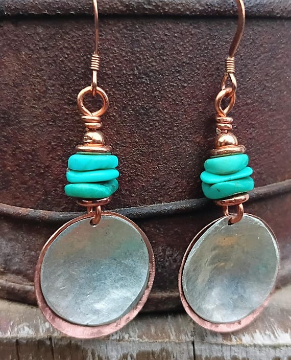 Turquoise, Copper and Sterling Silver Coin Earrings